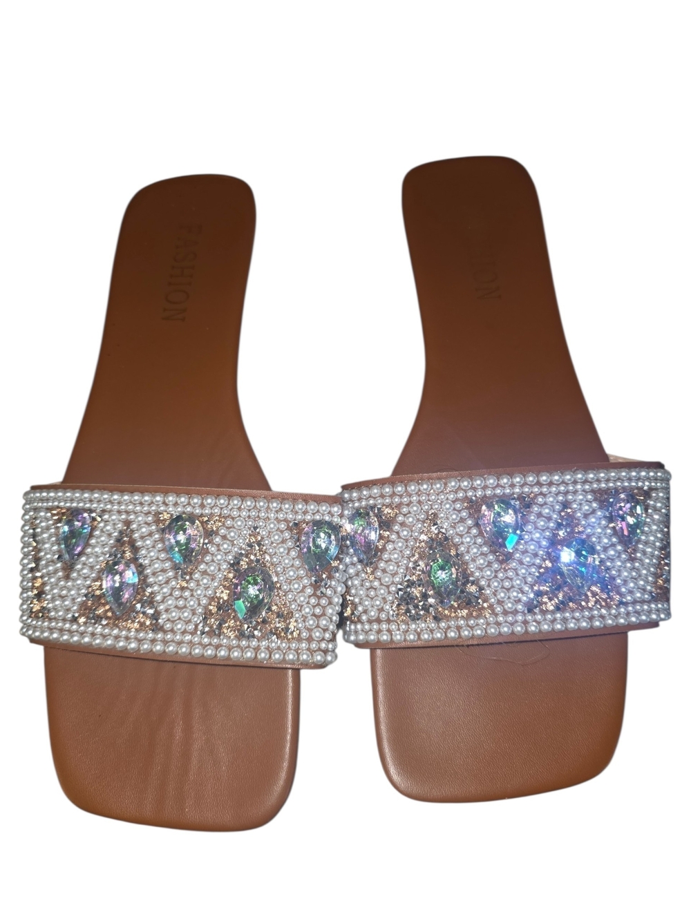 Brown Pearl & Crystal Slide Sandals
